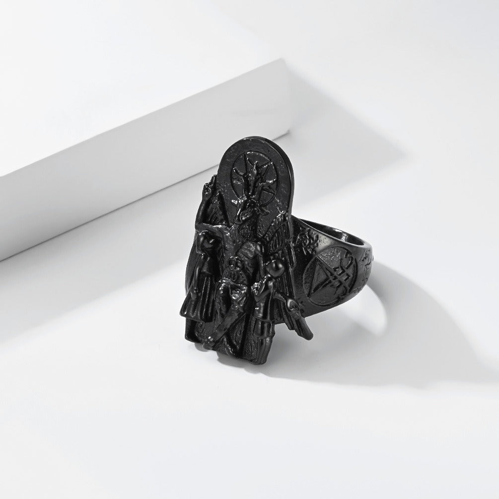 Kemstone Stainless Steel Goat Head Signet Ring – Gothic Vintage Style for Men K-R1154