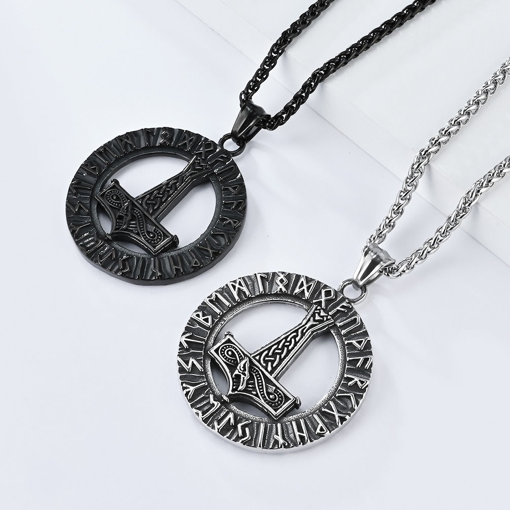 Kemstone Nordic Rune Hammer Pendant Necklace for Men Stainless Steel Engraved Vintage K-PT553
