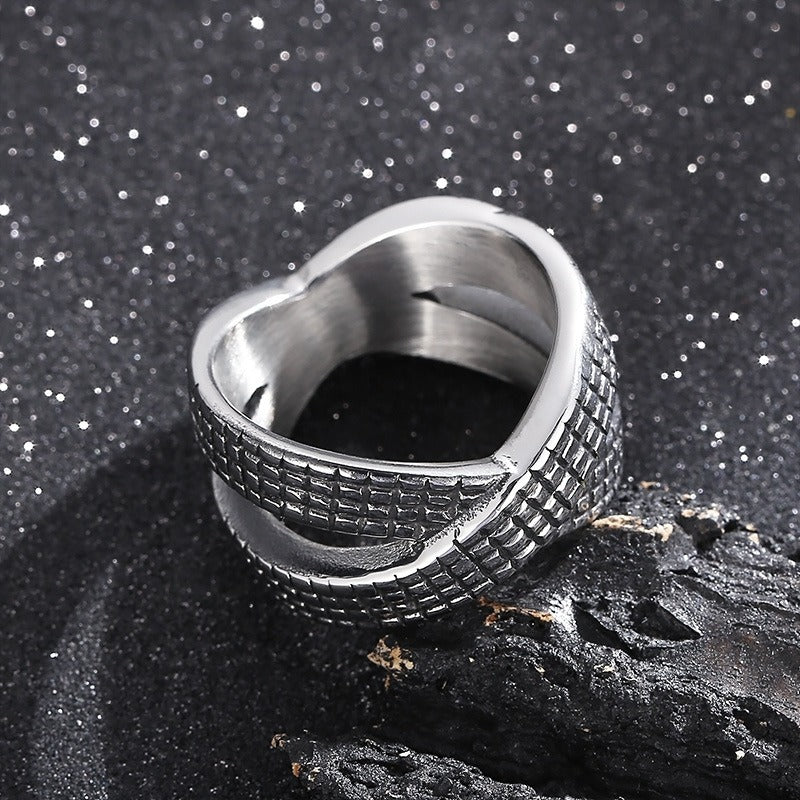 Kemstone Crossed Infinity Grid Titanium Steel Ring for Men – Vintage Oxidized Wide KR104179-BDJX