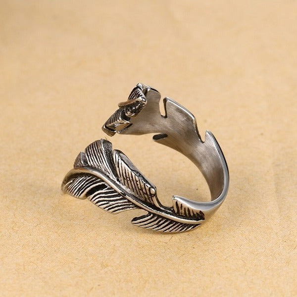 Kemstone Men’s Stainless Steel Feather Ring Adjustable Punk Style RC-293
