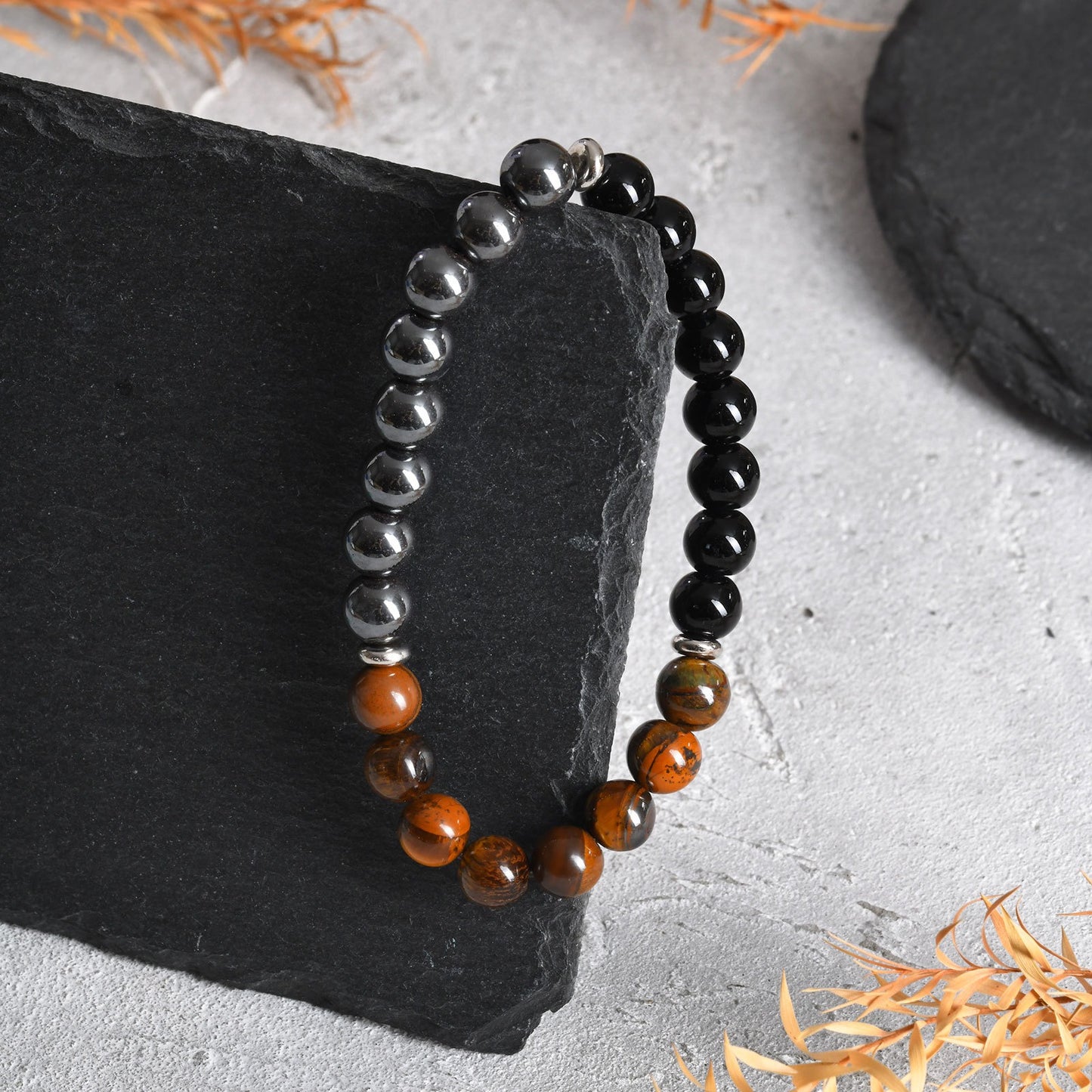 Kemstone Stainless Steel Tiger Eye & Obsidian Beaded Bracelet for Men BR-2448