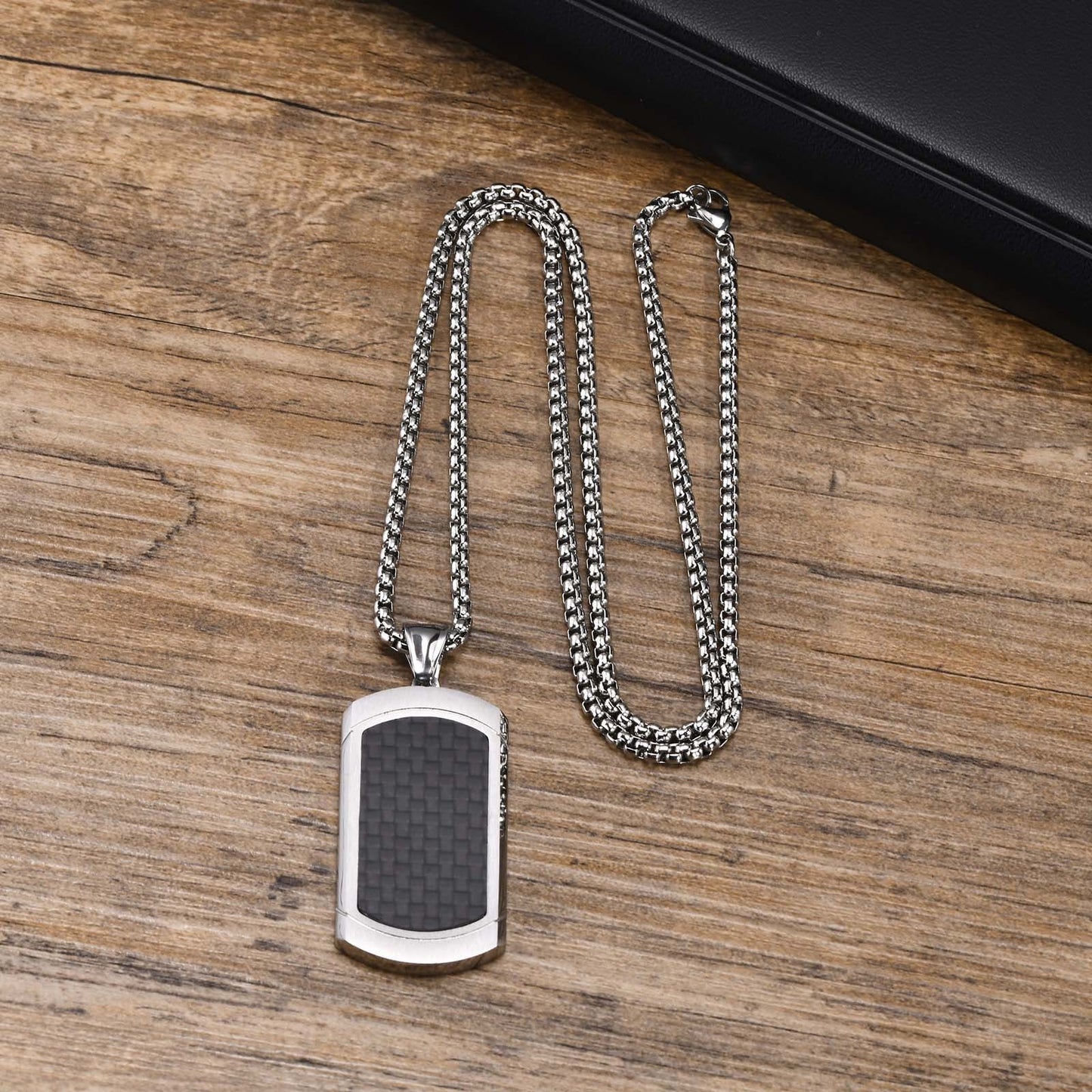 Kemstone Stainless Steel Carbon Fiber Tag Pendant Necklace for Men PN-1855