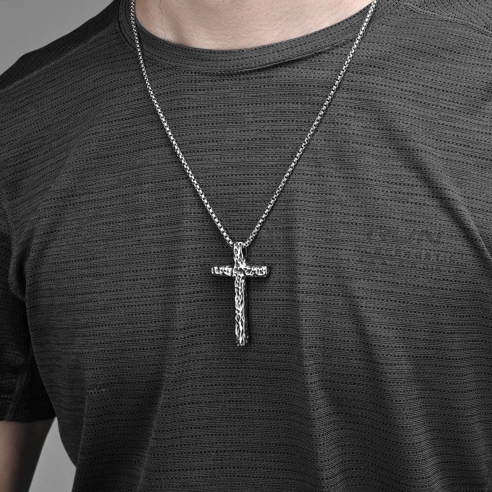 Kemstone Stainless Steel Cross Pendant Necklace for Men Hammered Textured Vintage K-PT504