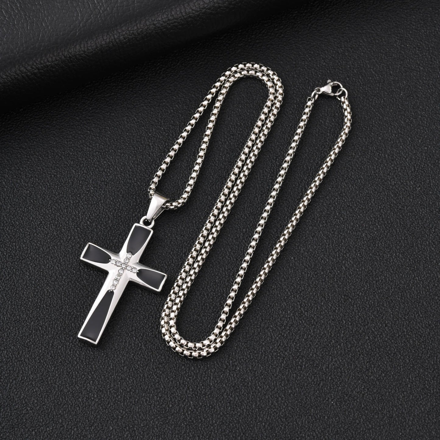 Kemstone Stainless Steel Black Cross Pendant Necklace with Cubic Zirconia for Men PN-2321