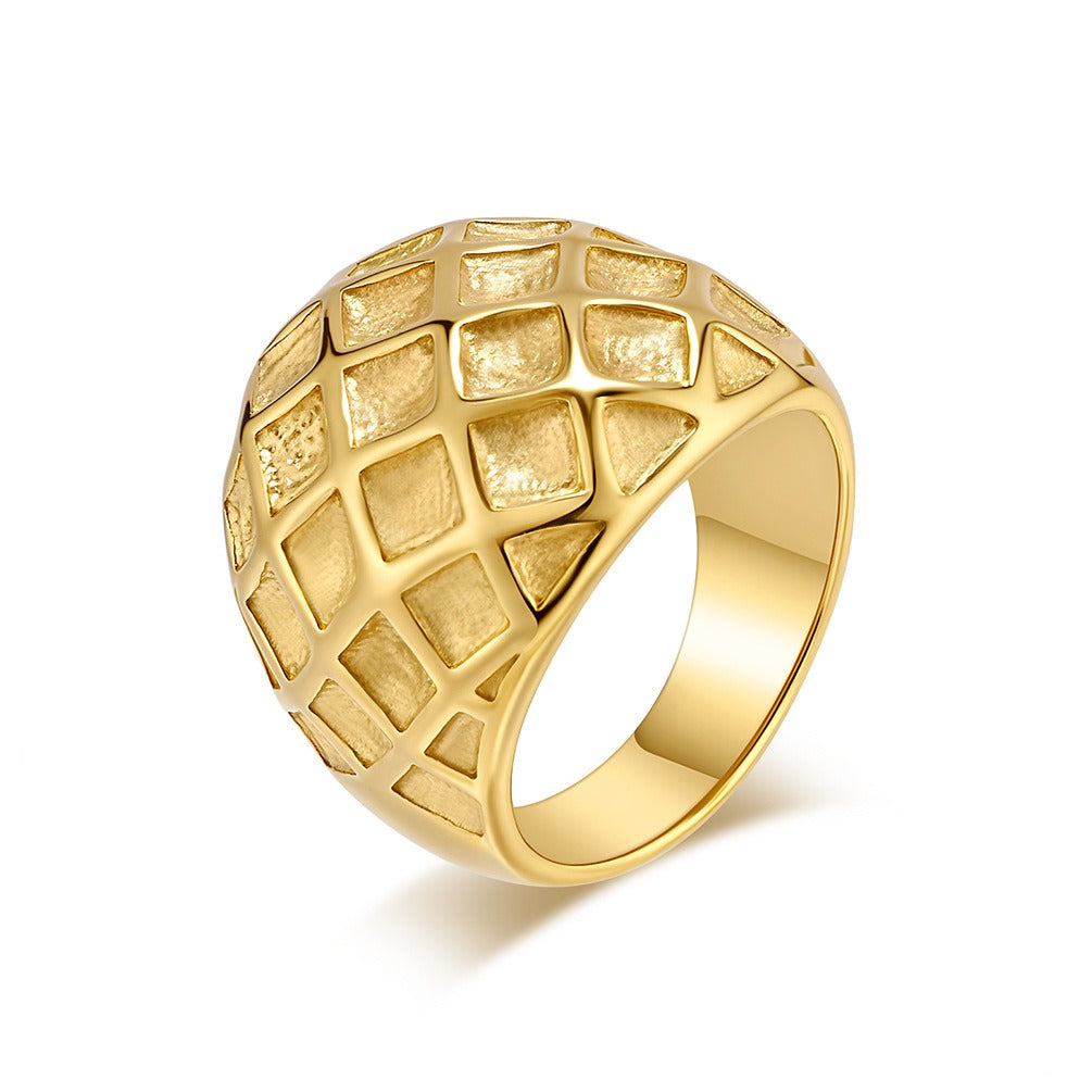 Anillo de acero y titanio con diseño hexagonal Hive - Joyería dorada para mujer, accesorios bohemios chic y vanguardistas para el día a día K-R970