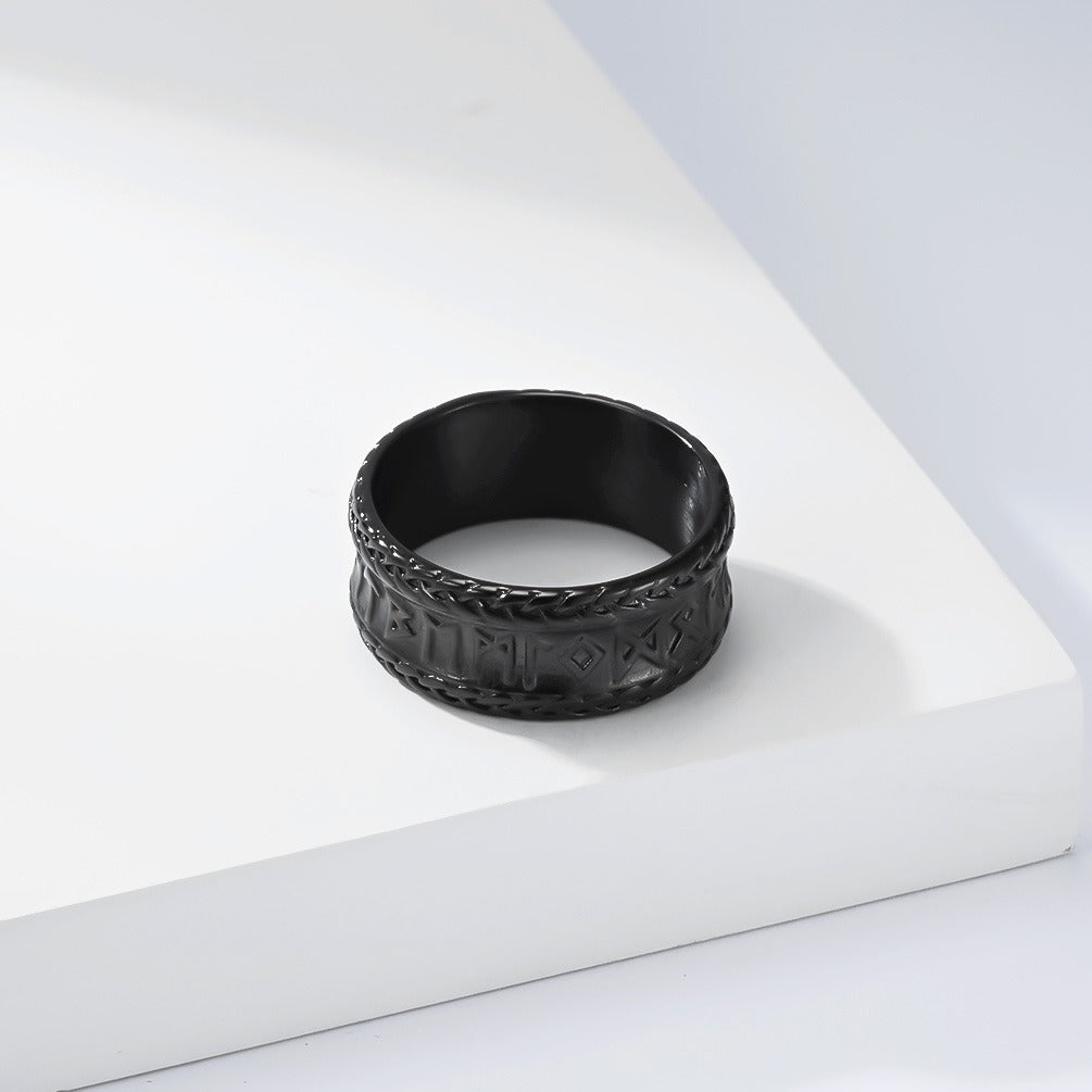 Kemstone Stainless Steel Viking Rune Ring for Men Wide Engraved Silver Gold Black K-R1151