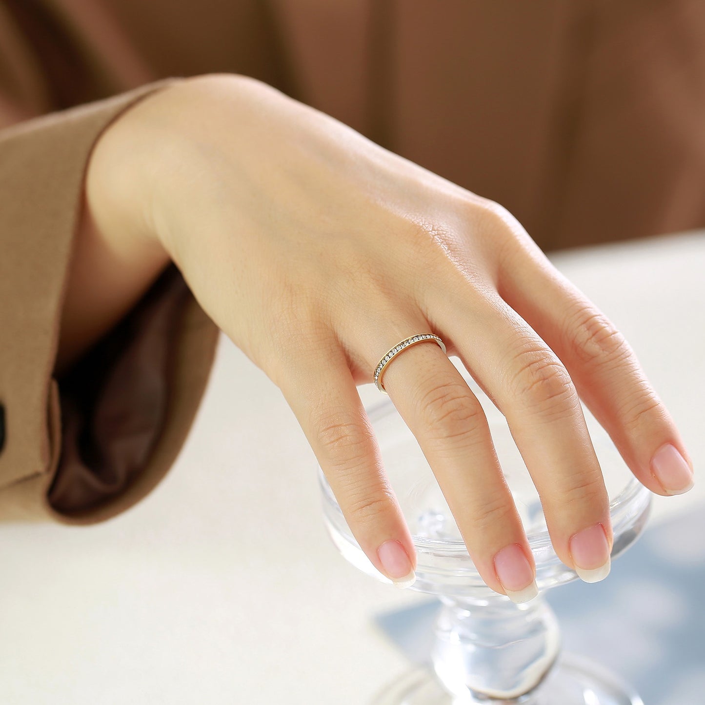 Kemstone Minimalist Delicate Cubic Zirconia Stainless Steel Ring for Women Jewelry R-536