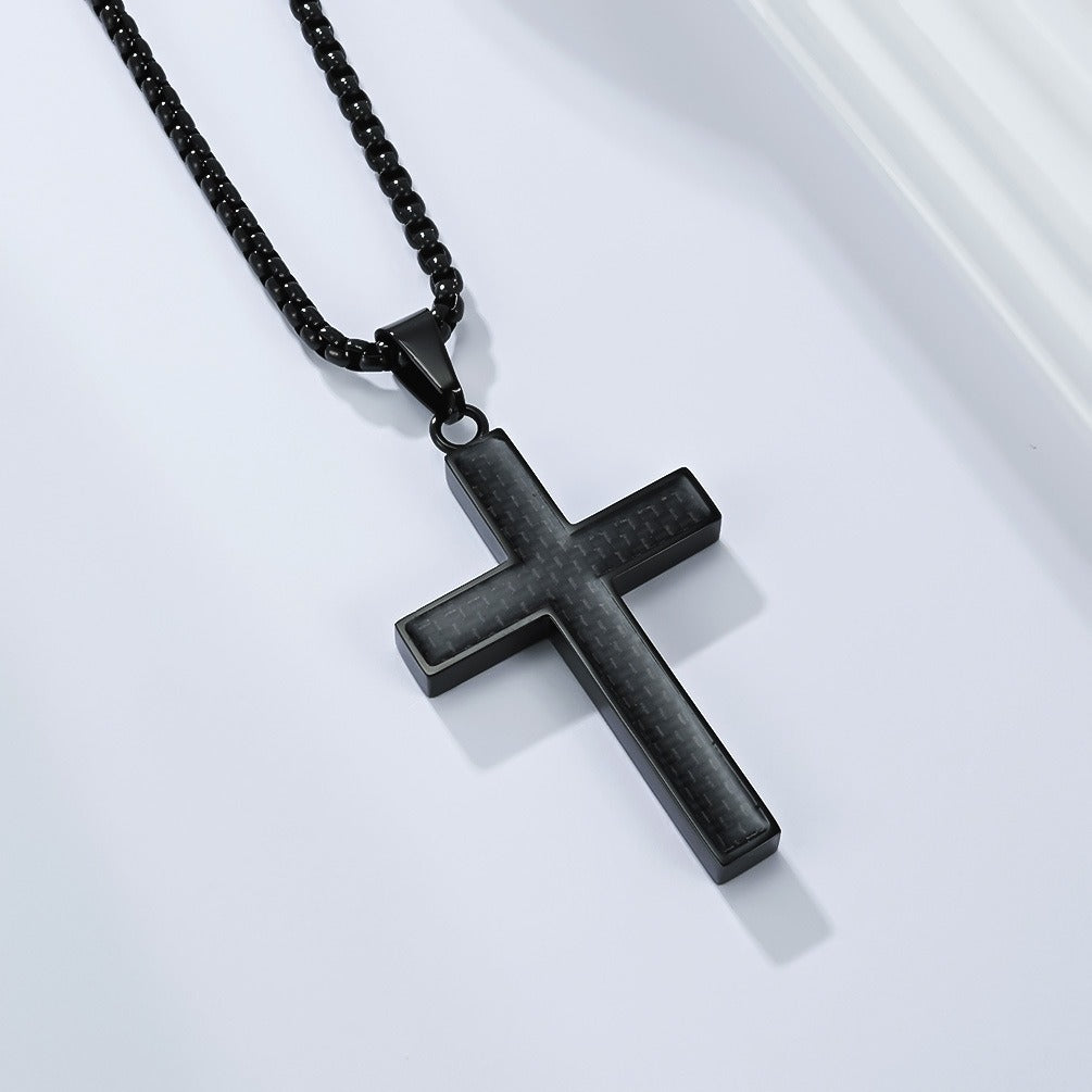 Kemstone Stainless Steel Cross Necklace for Men – Carbon Fiber Inlay Pendant K-PT666