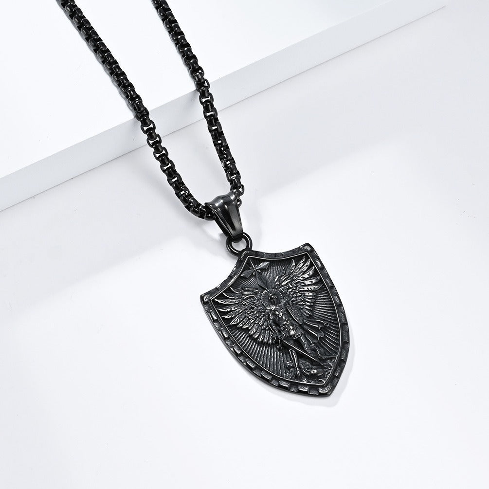 Kemstone Winged Shield Stainless Steel Pendant Necklace for Men – Vintage Relief Cross-Form Design K-PT515