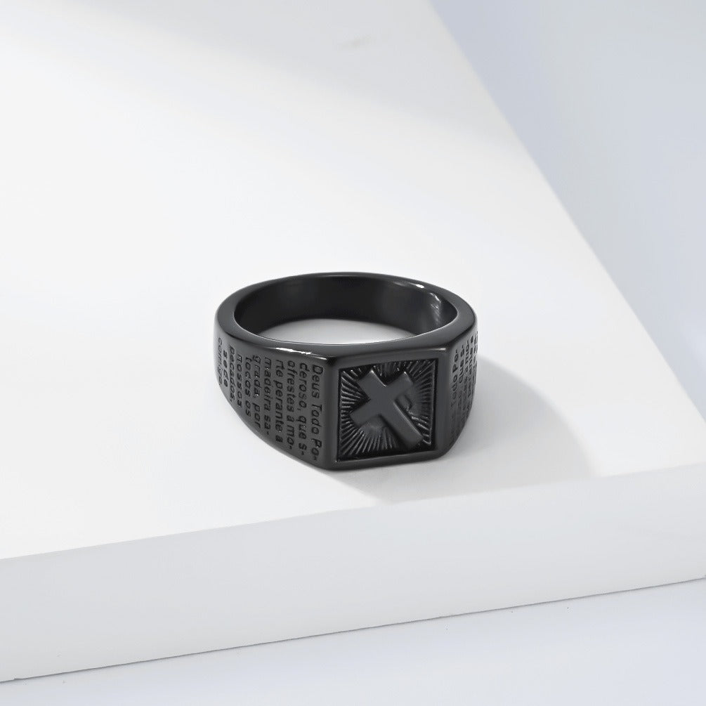 Kemstone Stainless Steel Cross Signet Ring for Men Engraved Text Vintage Rectangular Silver Gold Black K-R1141