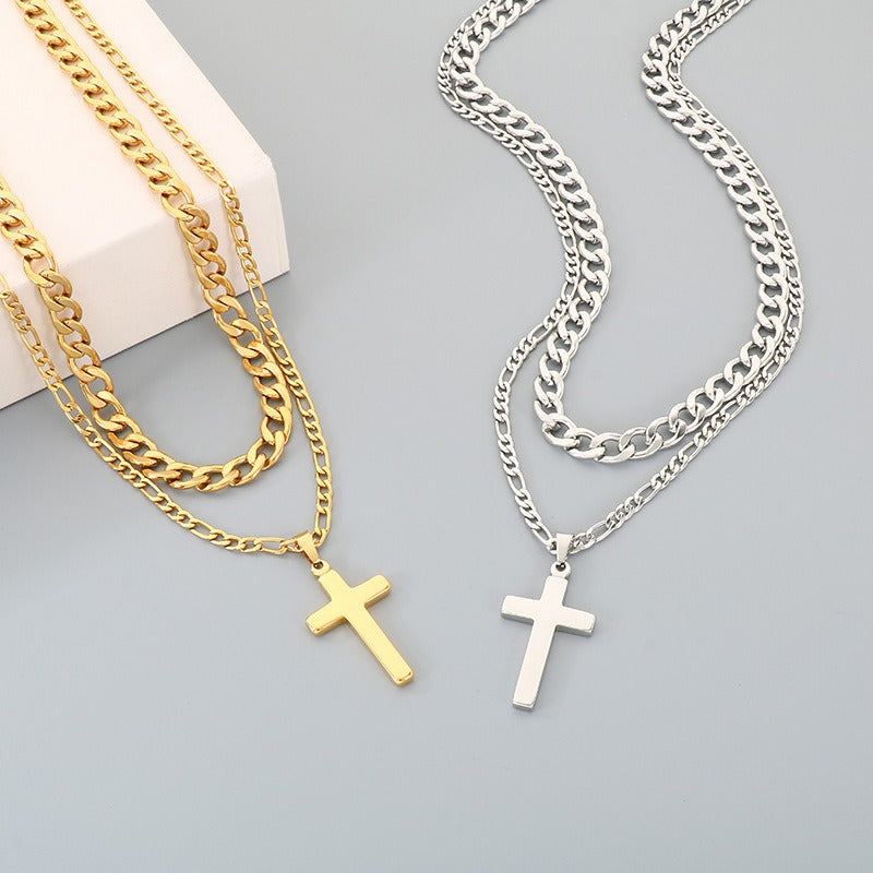Kemstone Stainless Steel Cross Pendant Necklace for Men Layered NK Chain KN292217-Z