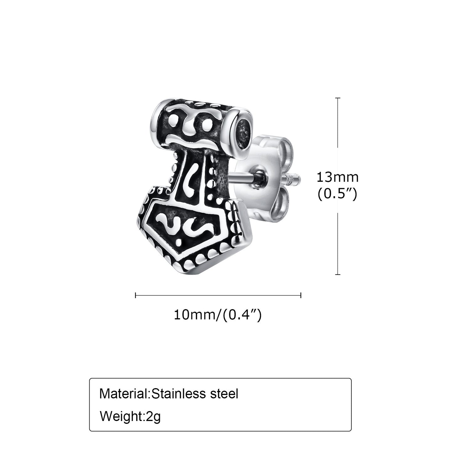 Kemstone Stainless Steel Thor Hammer Stud Earrings Men Nordic Vintage ES-436