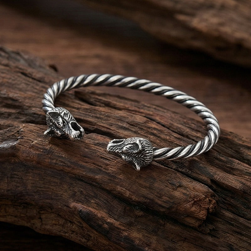 Kemstone Stainless Steel Viking Wolf Skull Cuff Bracelet for Men Twisted Rope Open Bangle KB96851-BD
