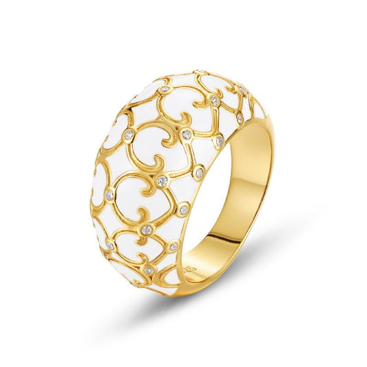 Kemstone Enamel Ring - Floral Pattern Design, S925 Silver with 10K Gold Plating