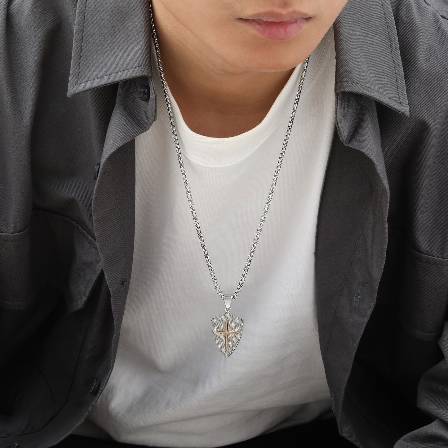 Kemstone Shield Cross Titanium Steel Pendant Necklace for Men – Brushed Relief Texture PN-2087