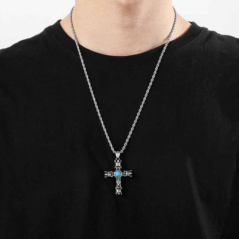 Kemstone Gothic Portrait Pendant – Titanium Steel Necklace with Crown & Turquoise Cross KP119878