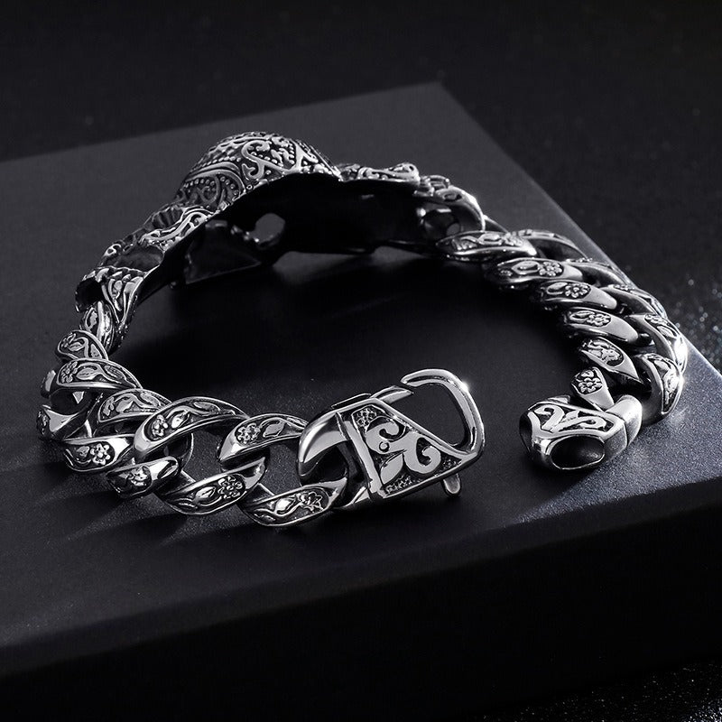 Kemstone Skull Cross Bracelet – Distressed Titanium Steel with Zircon Inlays | Gothic Punk Jewelry for Men KB112525-BD
