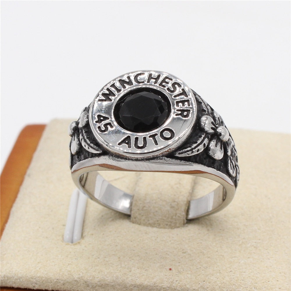 Kemstone Black Stone Signet Ring for Men Titanium Steel Vintage Rose Detail R1579