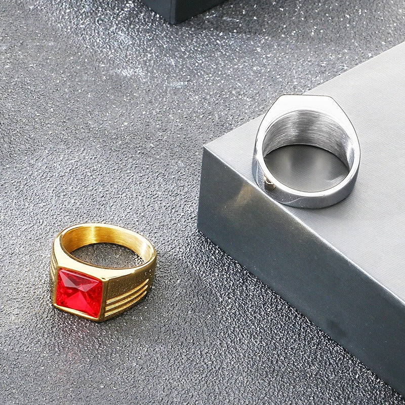 Kemstone Titanium Steel Square Red Stone Signet Ring for Men Vintage Gold Silver KR114482-MZOZ