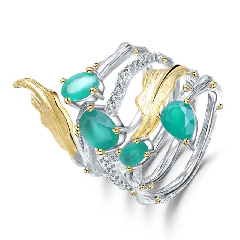 Kemstone Sterling Silber Vine Ring mit natürlichem Amethyst/Blautopas/Smaragd/Granat/Grünem Achat 