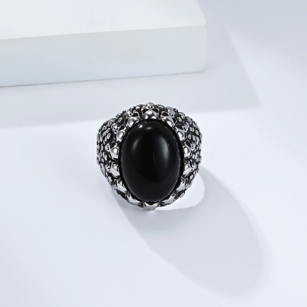 Kemstone Stainless Steel Skull Ring – Tiger Eye & Black Stone Punk Style for Men K-R1111