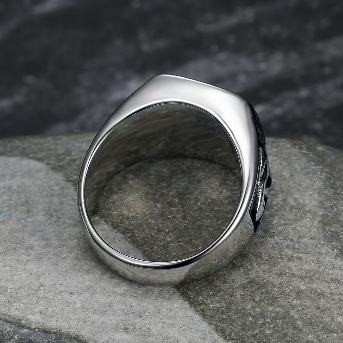 Kemstone Stainless Steel Vintage Totem Triangle Signet Ring for Men, Silver Black Enamel  TR0508