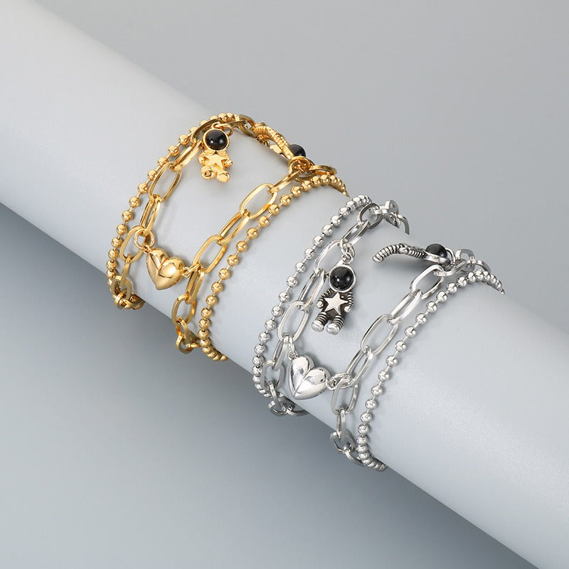 Kemstone Astronaut Magnetic Heart Couple Bracelet Titanium Steel Layered Chain for Men & Women KB208413-Z