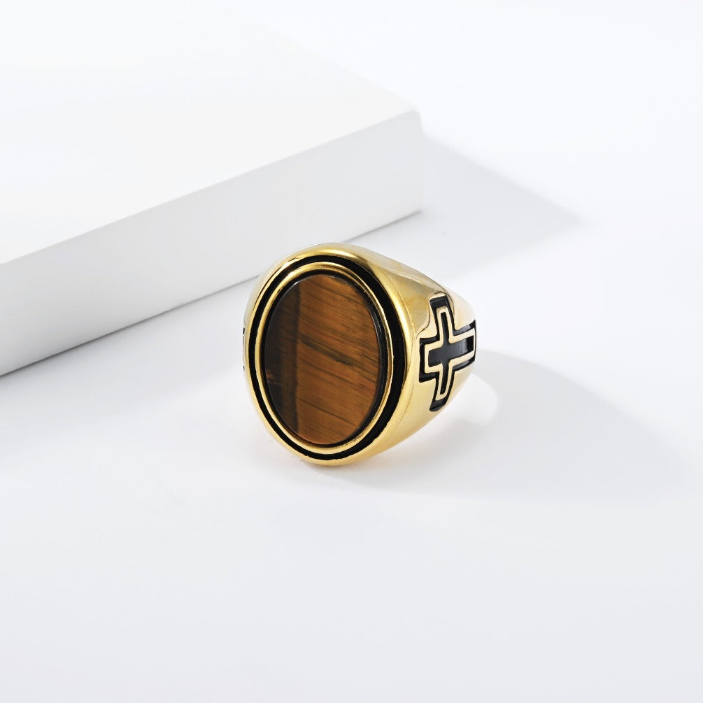 Kemston Oval Stone Signet Ring for Men Stainless Steel Engraved Cross K-R1202