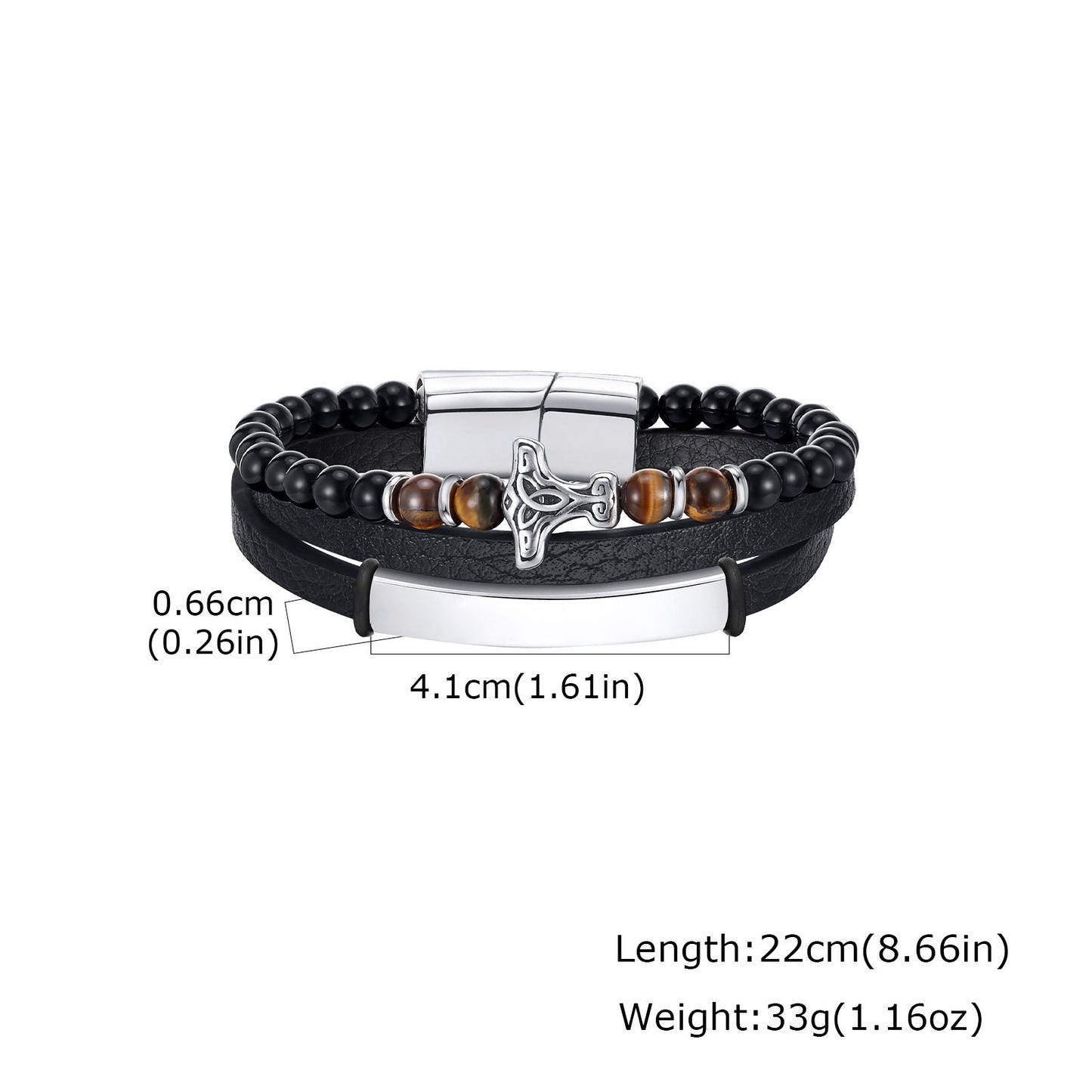 Kemstone Men’s Stainless Steel Viking Bracelet – Triple-Layer Leather with Agate & Tiger Eye BL-734