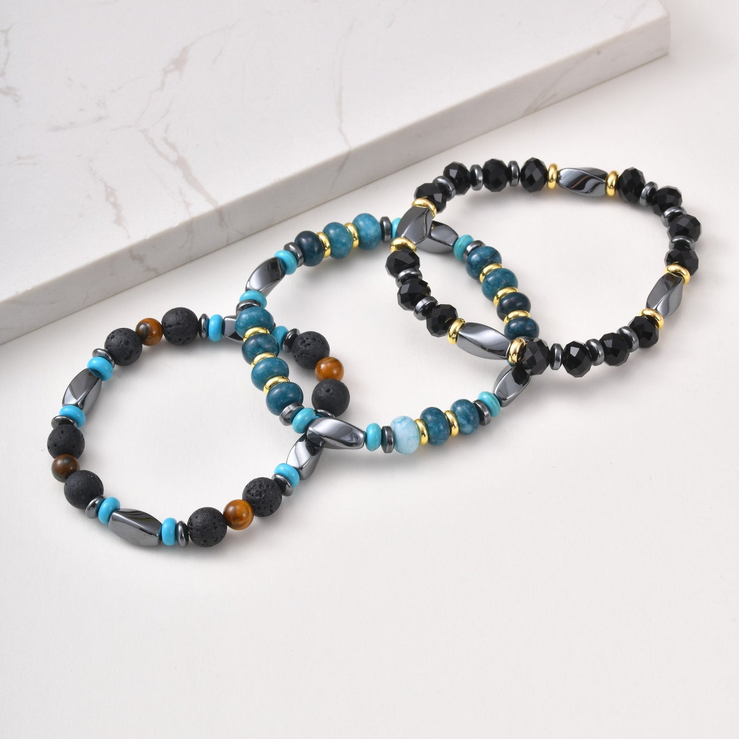 Kemstone Mixed Black Beaded Bracelet for Men Stainless Steel Spacer Stretch Chain BR-3143