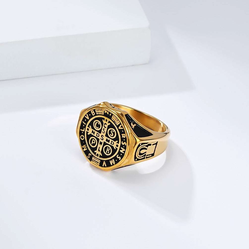 Kemstone Men’s Stainless Steel St. Benedict Cross Ring – Vintage Protection Jewelry K-R1092