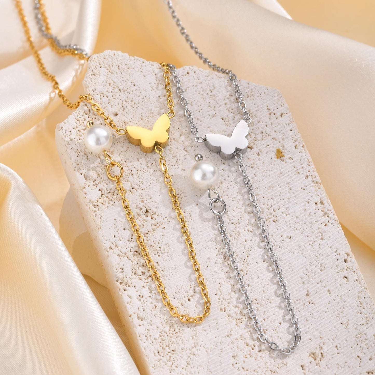 Golden Butterfly & Pearl Y-Chain Necklace - Adjustable Vintage Elegance for Everyday Glamour NC-1965