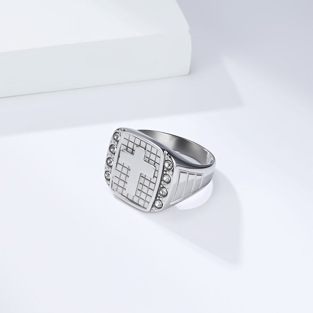 Kemstone Men’s Stainless Steel Cross Ring – CZ Inlaid Signet Jewelry K-R1078