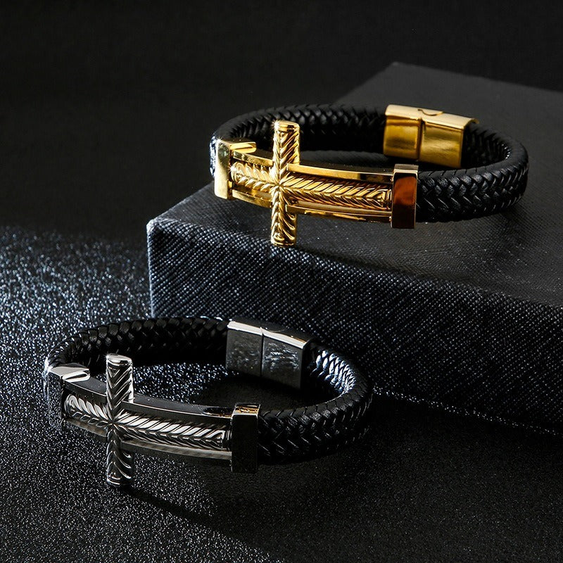 Kemstone Cross Leather Bracelet for Men Titanium Steel Braided Black Cord Design KB130233-KFC