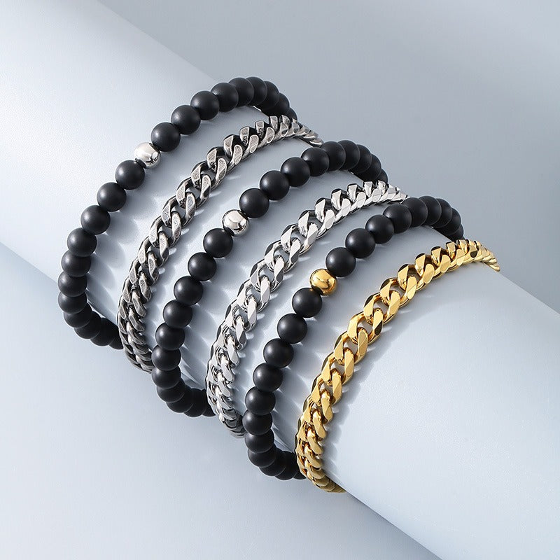 Kemstone Dual-Layer Onyx & Cuban Chain Bracelet – Stainless Steel Power Symbol KB185323-Z