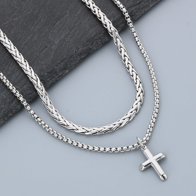 Kemstone Titanium Steel Cross Pendant Necklace for Men, Layered Box Chain Double Chain Gold Silver Black KN283141-KFC