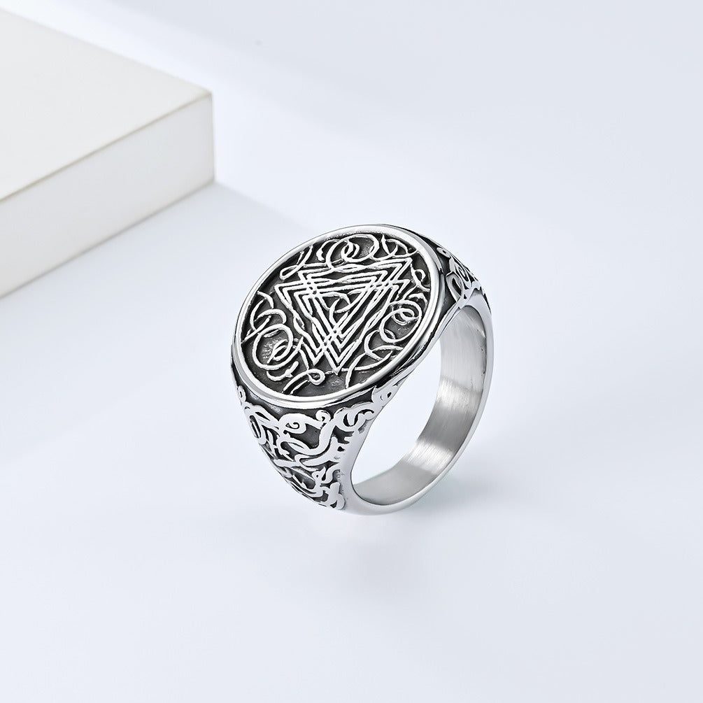 Kemstone Stainless Steel Viking Triangle Knot Signet Ring for Men Silver Black K-R735