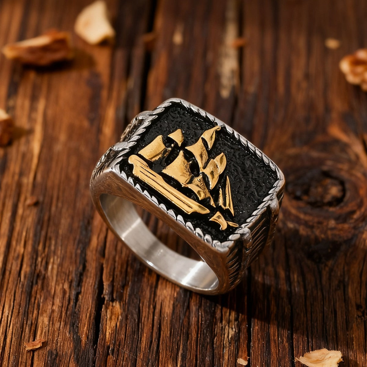 Kemstone Men’s Stainless Steel Sailboat Ring – Vintage Nautical Square Band TR0515