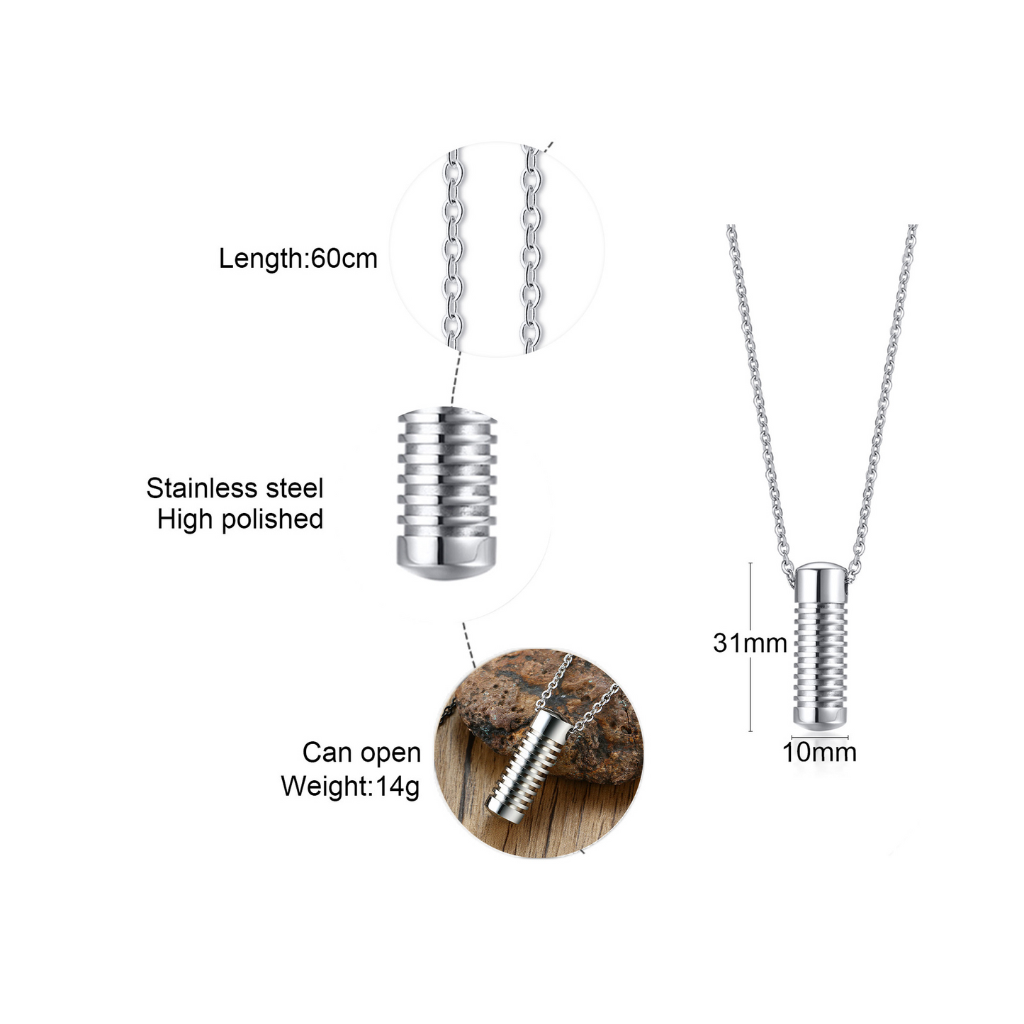 Kemston Screw Cylinder Memorial Pendant Necklace for Men Stainless Steel Keepsake Design PN-1135S