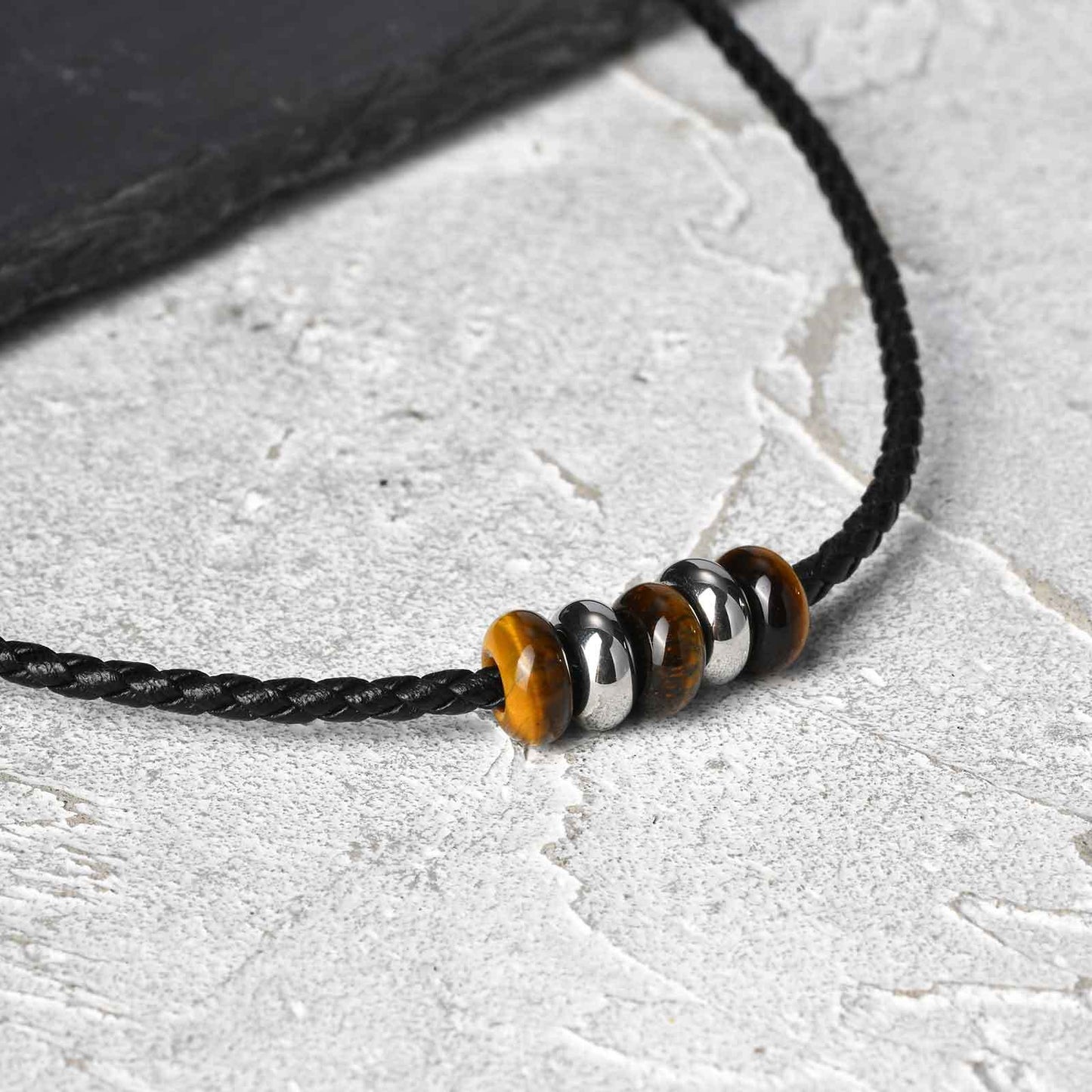 Kemstone Men’s PU Leather Necklace – Black Cord with Tiger Eye & Stainless Steel Beads NC-2405