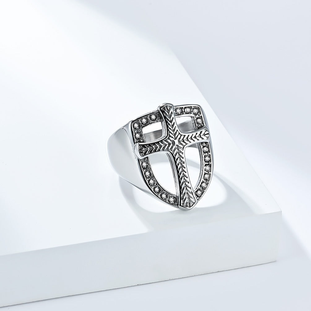 Kemstone Stainless Steel Shield Cross Ring for Men – Silver, Gold, Black K-R1010