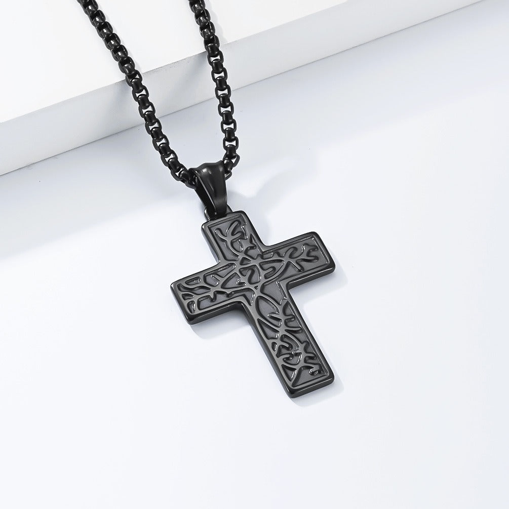 Kemstone Stainless Steel Cross Pendant Necklace for Men Vintage Engraved Tree of Life Lightweight K-PT725