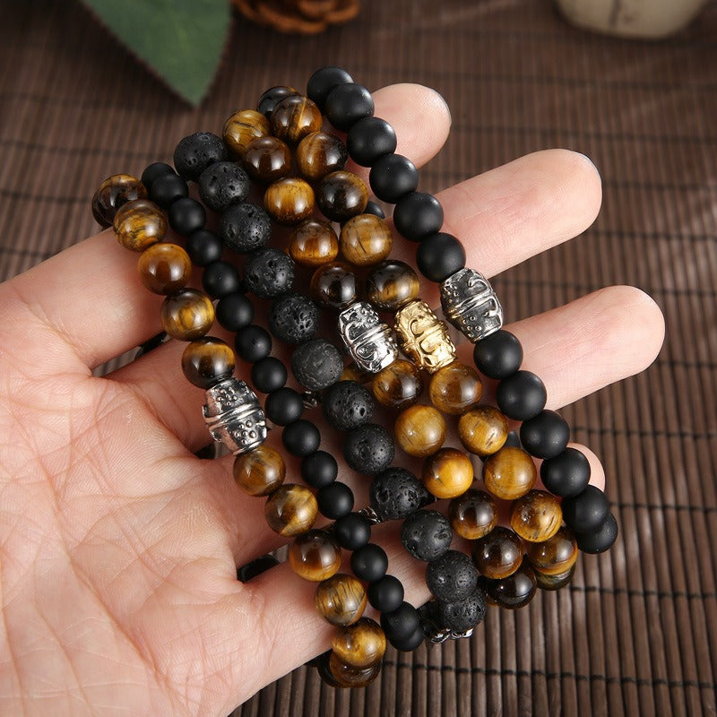 Kemstone Black Onyx Beaded Bracelet – CZ Crown, Freemason Cross & Tiger Eye Accent for Men’s Gothic Streetwear KB69789-BD