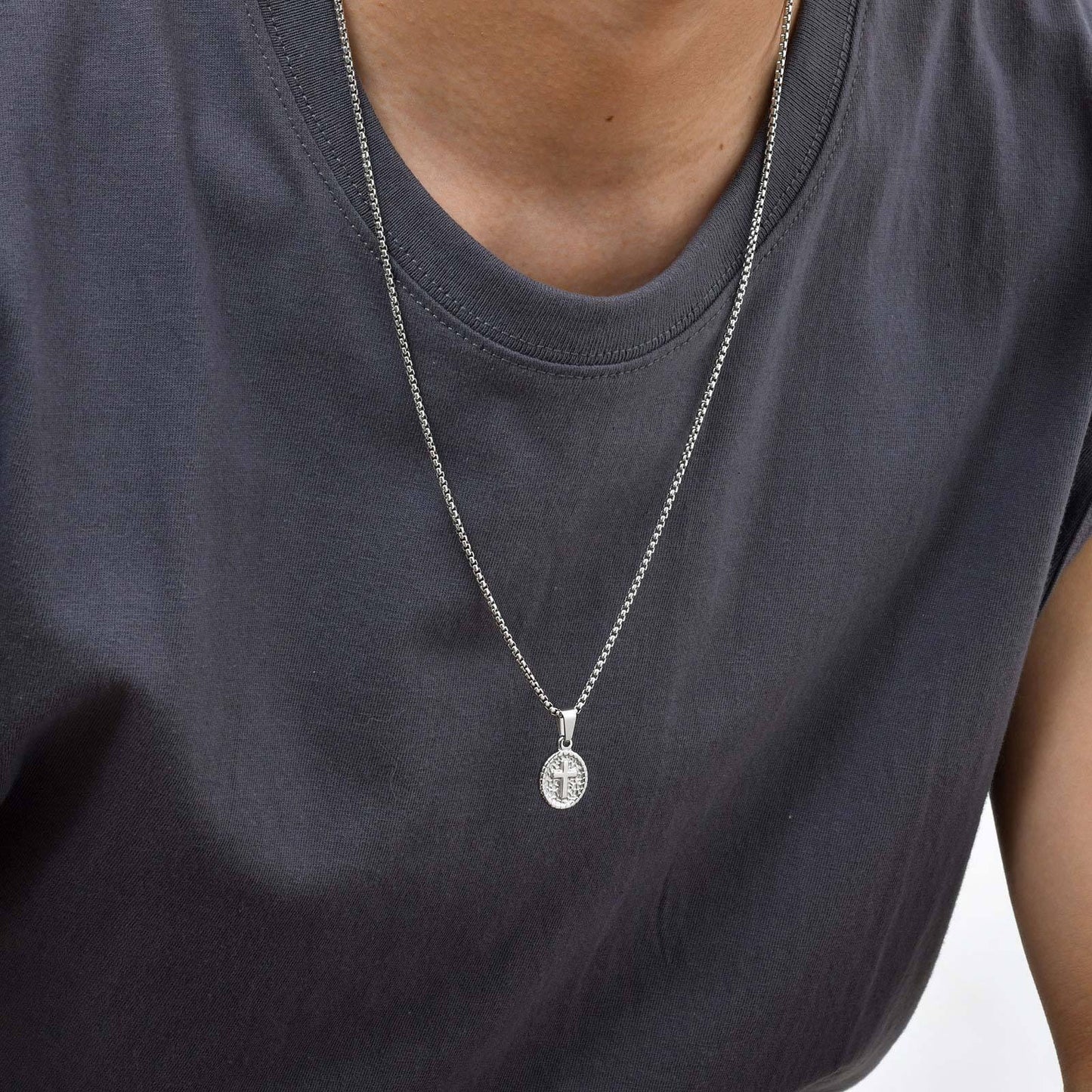 Kemstone Men’s Stainless Steel Cross Oval Pendant Necklace – Silver Black PN-2182