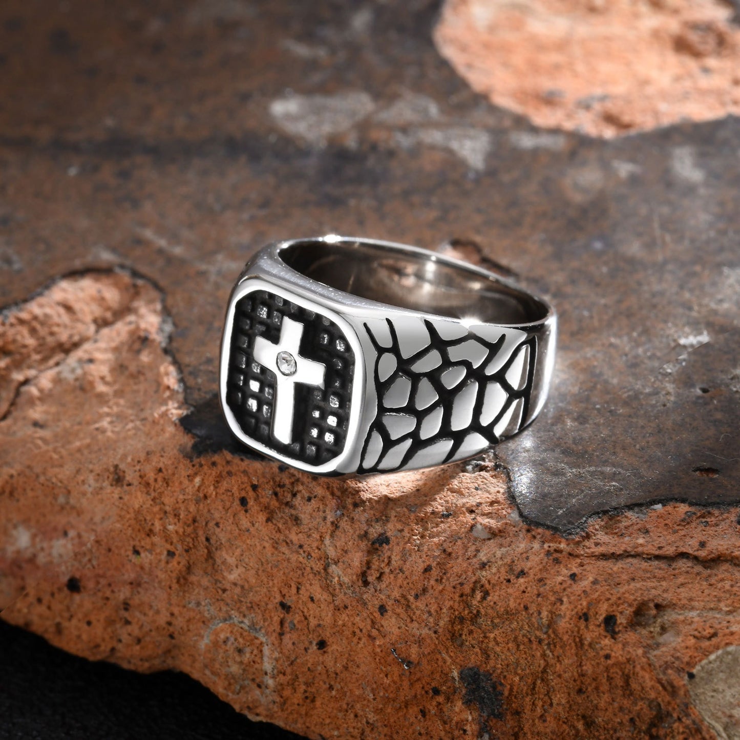 Kemstone Stainless Steel Vintage Cubic Zirconia Cross Ring for Men C-828
