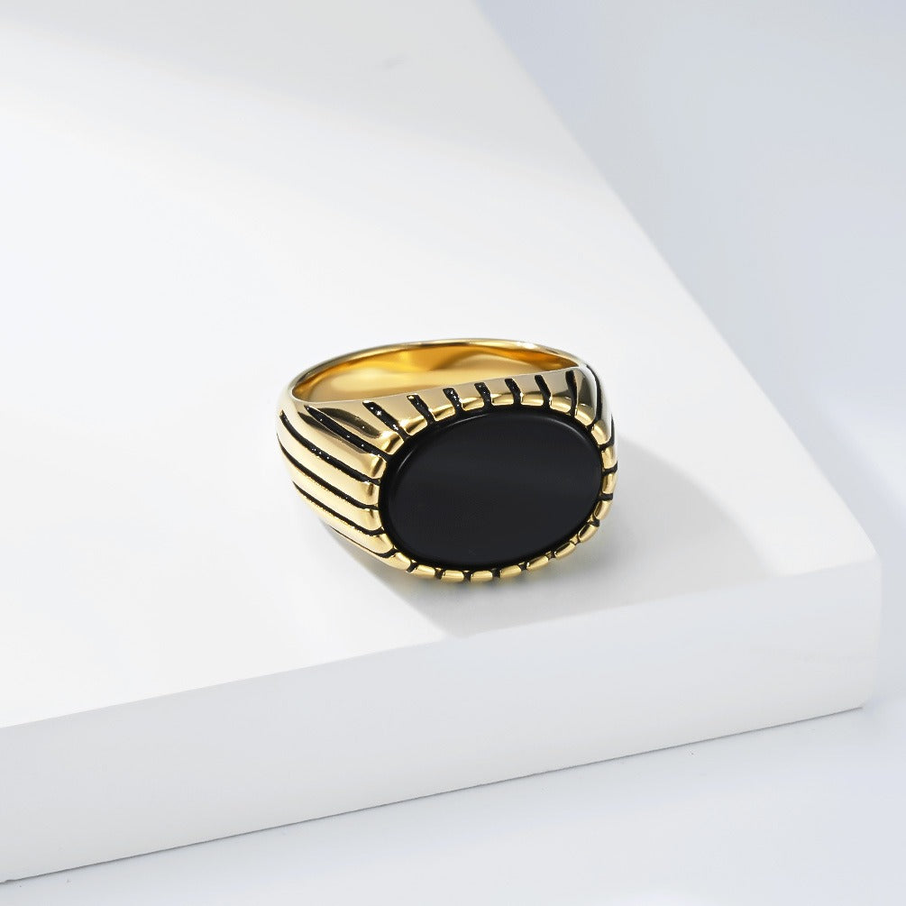 Kemstone Stainless Steel Black Stone Signet Ring for Men Vintage Oval K-R1177