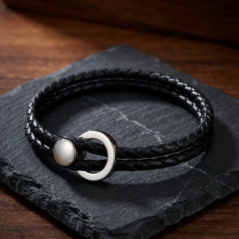 Kemstone Double Wrap Leather Bracelet for Men Titanium Steel Circle Clasp KB213788-GC