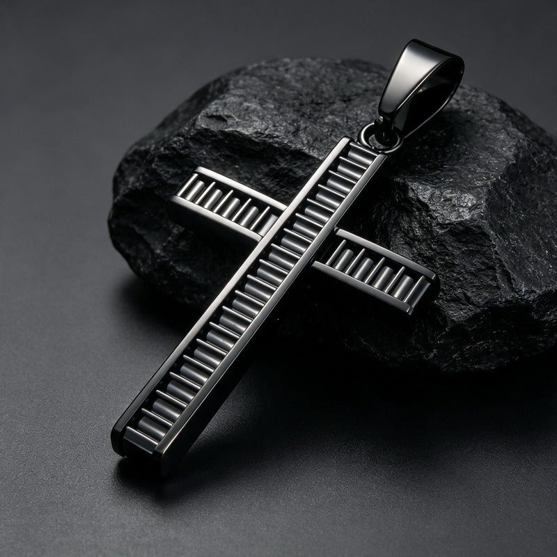 Kemstone Layered Cross Pendant Necklace for Men Stainless Steel Ribbed Design KP119486-HR