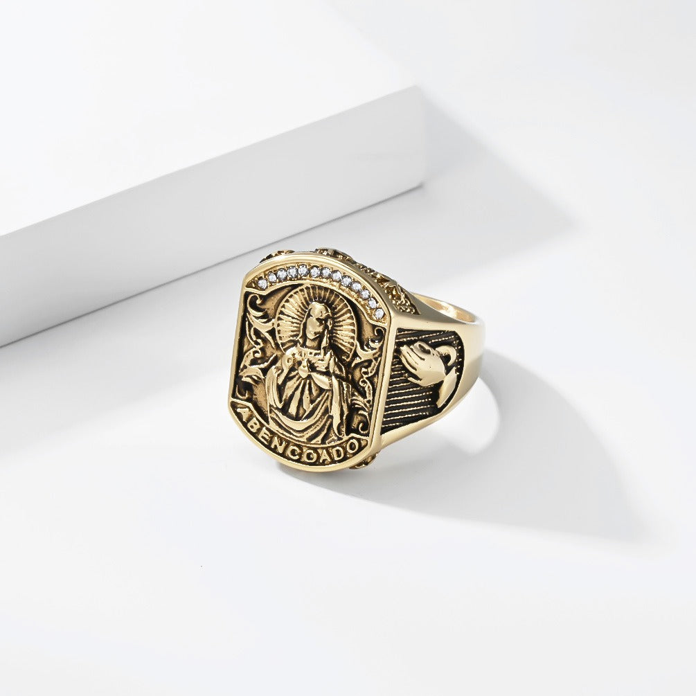 Kemston Baroque Engraved Signet Ring for Men Stainless Steel Gothic Vintage Relief Figure K-R1187