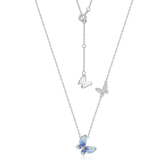 Kemstone Enamel Pendant Necklace - Blue Iris Floral Design, S925 Sterling Silver Jewelry for Women,18"
